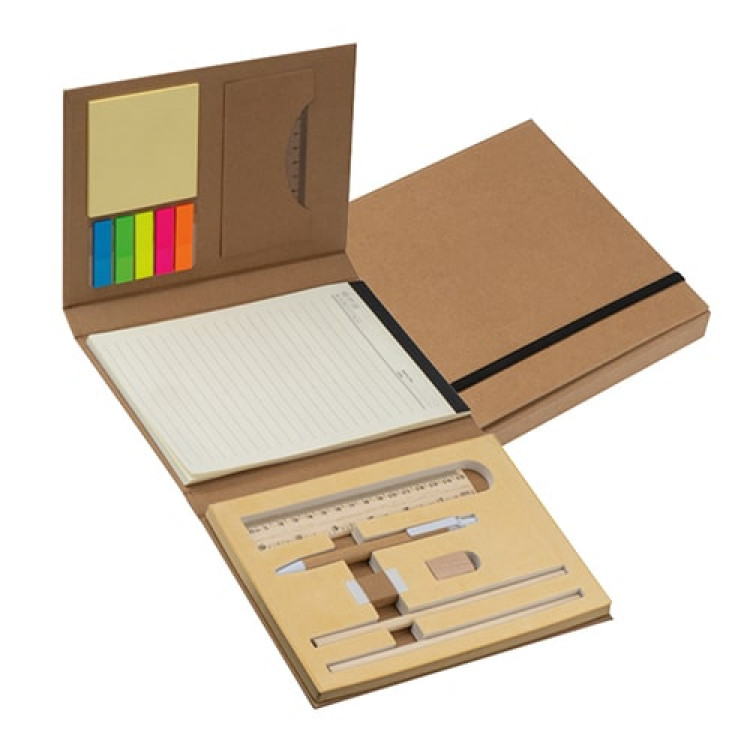Writing case with cardboard cover, ruler, writing pad and adhesive markers